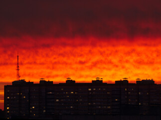 Fantastic sunset sky in Cheboksary city. Enchanting and fairy performance of nature.