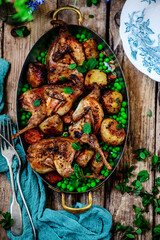 Roasted quail with spring vegetables