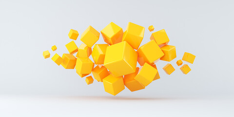 Yellow shiny cubes on a white background. Horizontal banner. Abstraction background. 3d render illustration.