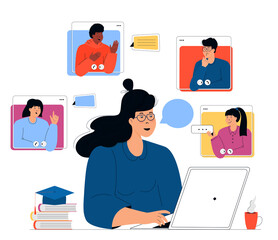 Online education. Distance learning. Female teacher giving lesson on laptop. Tutor having web conference with students.
