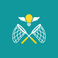 Crossed butterfly nets with flying bulbs. Catch, hunt, chase ideas and solutions symbol.