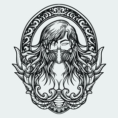 tattoo and t shirt design black and white hand drawn women with gas mask engraving ornament