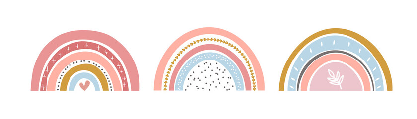 Three rainbows for baby girl nursery decoration. Clipart with rainbows in pastel colors.