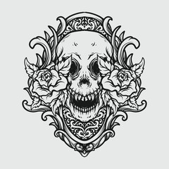 tattoo and t shirt design black and white hand drawn skull and rose engraving ornament