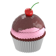 3d illustration of festive chocolate cupcake with rose cream, chocolate coating and juicy cherry on the top isolated on white background