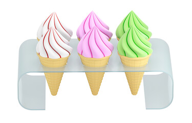 Realistic 3D illustration of six colorful ice creams on a stand isolated on white background