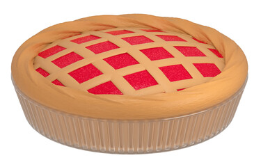 3d illustration of baked traditional american pie in glass baking dish isolated on white background