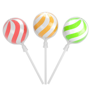Realistic 3D close-up illustration of three colorful lollipops in transparent packaging isolated on white background