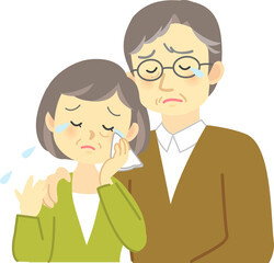 イラスト素材:老夫婦が悲しい表情で肩を寄せ合い泣き合う場面
