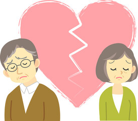 イラスト素材:離婚で老夫婦がお互いに背を向け別れる場面　ギザギザハート
