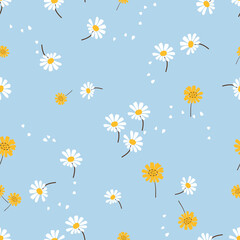 Seamless pattern with daisy flower on blue background vector. Cute floral print.