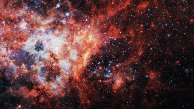 Loop Space Flight deep space exploration travel to The Tarantula Nebula also known as 30 Doradus, H II region in the Large Magellanic Cloud. 4K 3D looping space exploration. Furnished by NASA image.