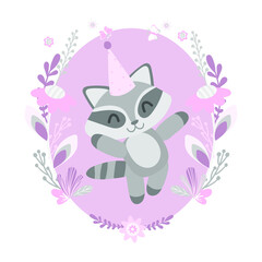
happy raccoon in oval frame with flowers.