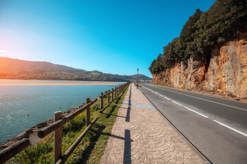 Embankment in Mundaka, Basque Country, northern Spain. The road to the mouth of the Mundaka along the Urdaibai Biosphere Reserve