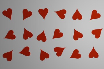 Red hearts on white background. Valentines day background. Red hearts pattern. 3D illustration