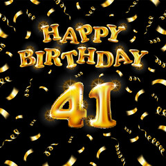 Golden number forty one metallic balloon. Happy Birthday message made of golden inflatable balloon. 41 number letters on black background. fly gold ribbons with confetti. vector illustration
