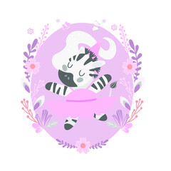 
zebra ballerina in oval frame with flowers