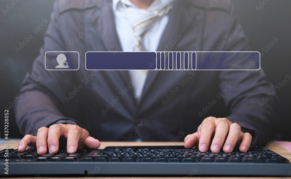 Poster businessman searching browsing internet data information virtual screening concept, man hand using c