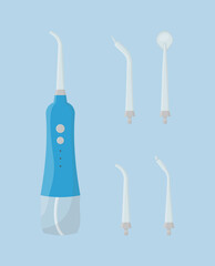 Portable oral irrigator and various attachments for it. Flat vector illustration of oral hygiene products and tools for cleaning teeth.