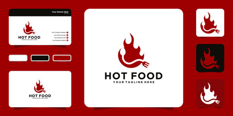 hot food with cutlery and fire icon and business card design