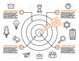 Obraz premium Hand drawn target with arrow in center and business icons around. Infographic template with four steps with description. Vector.