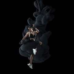 Collage of athlete, fitness coach in explosion of colored neon black smoke fluid isolated on dark...