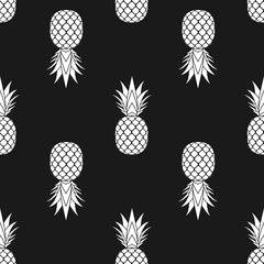 Pineapple seamless pattern. White tropical fruits textile texture on black background. Food print, fabric wrapping decorative backdrop. Typography graphic. Repeat design element. Vector illustration