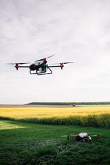 Fototapeta na wymiar Agriculture drone fly to spray fertilizer on the rice fields