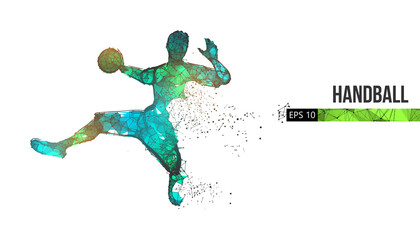 Abstract silhouette of a wireframe handball player from particles on the background. Convenient organization of eps file. Vector illustartion. Thanks for watching - obrazy, fototapety, plakaty