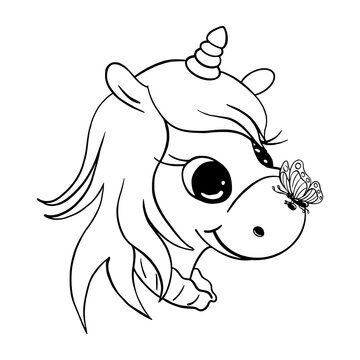 Unicorn Coloring book for kids sheet Unicorn Pony cartoon cute smiling with butterfly on nose Coloring Book for girls isolated vector illustration