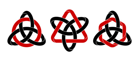 Set of triquetra knots with circle, triangle and hexagon shapes made of intertwined mobius stripes. Stylized celtic trinity symbols for tattoo design. Vector isolated illustration. - 437031431