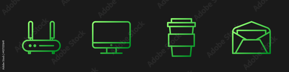 Poster set line coffee cup to go, router and wi-fi signal, computer monitor screen and envelope. gradient c