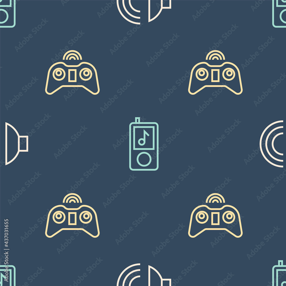 Poster set line speaker volume, wireless gamepad and music player on seamless pattern. vector