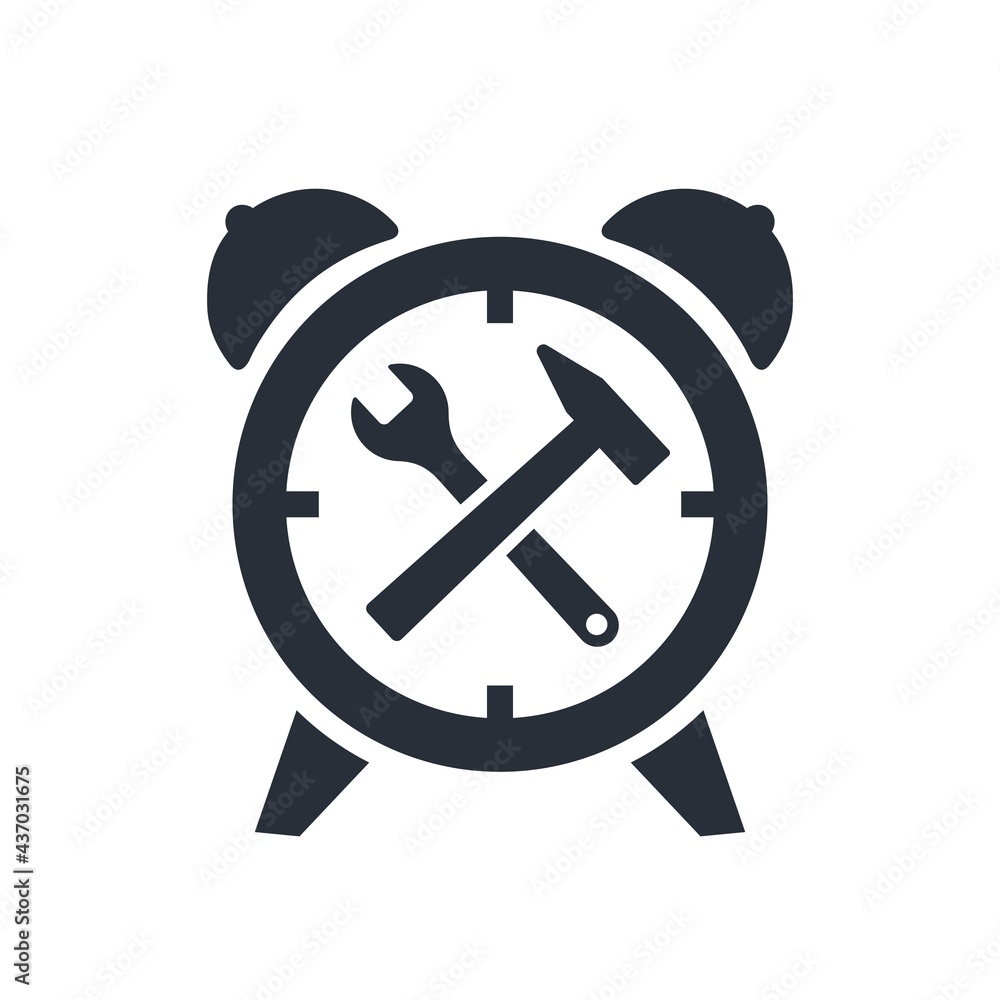Poster alarm clock and tools. time to change your settings. system update. vector icon isolated on white ba