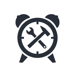 Alarm clock and tools. Time to change your settings. System update. Vector icon isolated on white background.