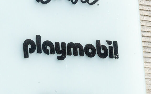 Prague, Czech Republic - July 23, 2020: Playmobil brand sign. Playmobil is a plastic figures line of toys produced by the Brandst&auml;tter Group, headquartered in Zirndorf, Germany