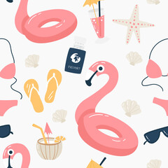 Summer vacation seamless pattern. Resort concept. Travel set with coconut cocktail, swimsuit,  sunglasses, lifebuoy, passport etc.