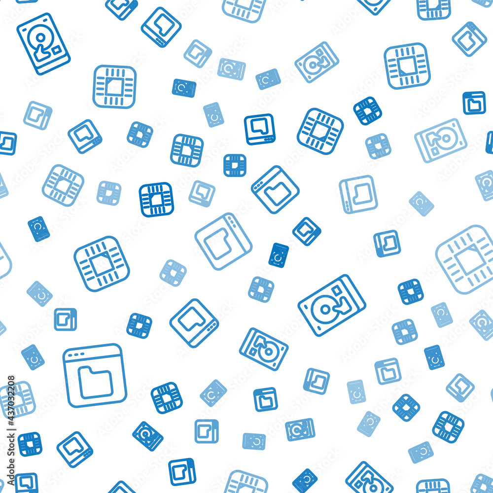 Aufkleber set line browser files, hard disk drive hdd and processor with cpu on seamless pattern. vector