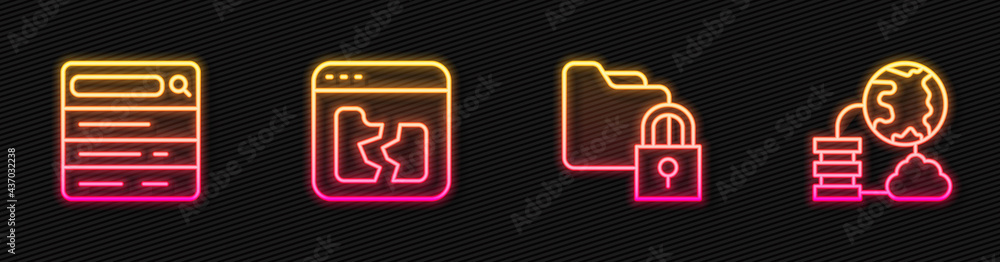 Poster set line folder and lock, search engine, broken file and network cloud connection. glowing neon icon