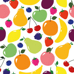 vector seamless pattern with bright colorful fruits and berries on a white background