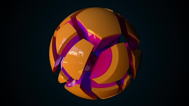 Damaged 3d render ball with cracked geometric fragments. Broken futuristic planet from underground tectonic explosion. Brittle ceramic shell scattering from impact