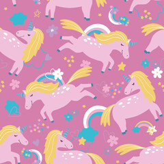 Vector pattern with cute unicorns, clouds,rainbow and stars. Magic background with little unicorns