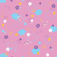 cute vector pattern for girls, with clouds, flowers and hearts on a pink background. Cute seamless pattern. Endless girly print. Vector illustration