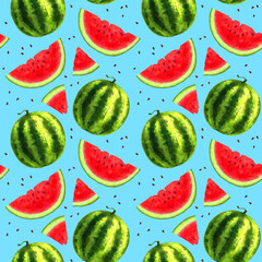 Bright seamless pattern made of hand drawn illustrations of watermelon on cyan background for web or graphic design, package, textile, poster, wallpaper