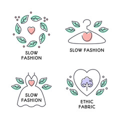 Set of slow fashion concept badges. Hand drawn cute coloured line style. Dress, hanger, heart, leaves wreath symbols. Eco-friendly manufacturing, natural and high quality clothes. Vector illustration - obrazy, fototapety, plakaty