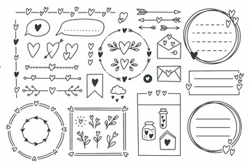 Cute bullet journal element doodles with hearts, love theme.Hand drawn banners and marks for notebook, planner or diary.Frames, borders, vignettes, dividers,notes,lists collection.Vector illustration