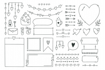 Cute bullet journal element doodles with hearts, love theme.Hand drawn banners and marks for notebook, planner or diary.Frames, borders, vignettes, dividers,notes,lists collection.Vector illustration