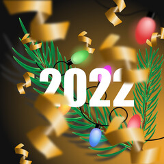2022 New Year post card. Christmas celebration card. Gold, green, red colors. Vector illustration. 