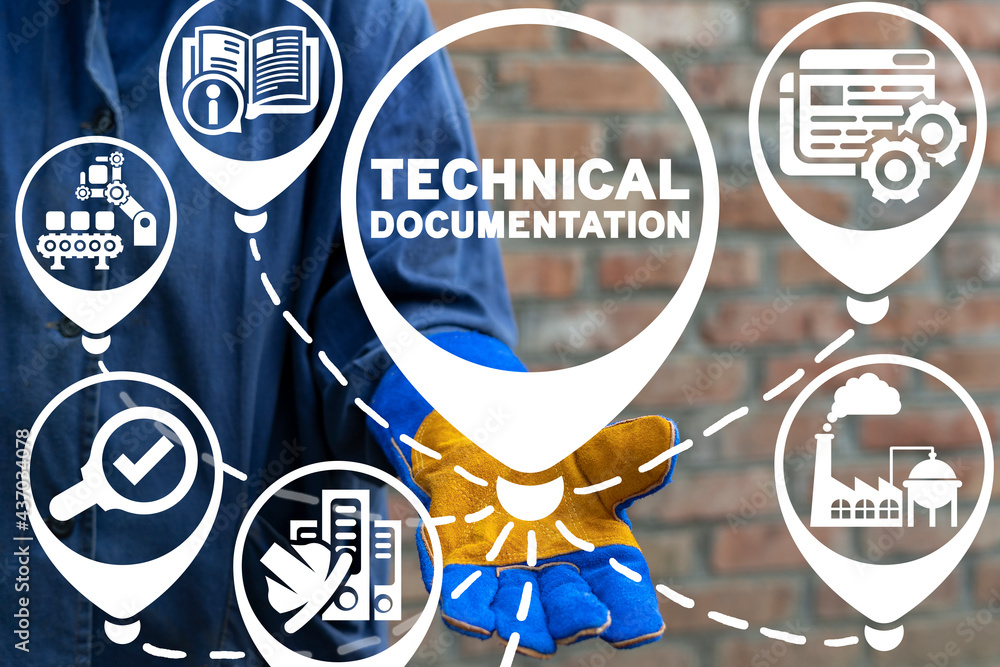 Poster industry concept of technical documentation. engineering information guide document.