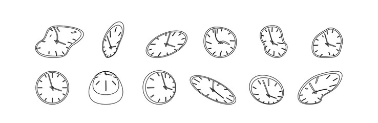 Clock icon set in liquid deformed line Dali style, melting clocks distorted shape, linear collection illustration. - obrazy, fototapety, plakaty